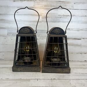 Vtg Nautical Oil Lamps Pair Brass Color Tin Metal Columbus Hanging Oil Lanterns